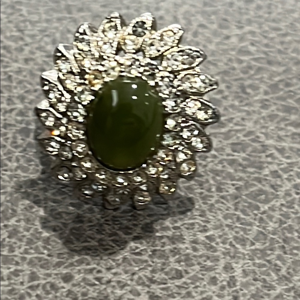 *Jade and Silver-Tone Gemstone Ring with Diamond Like Halo